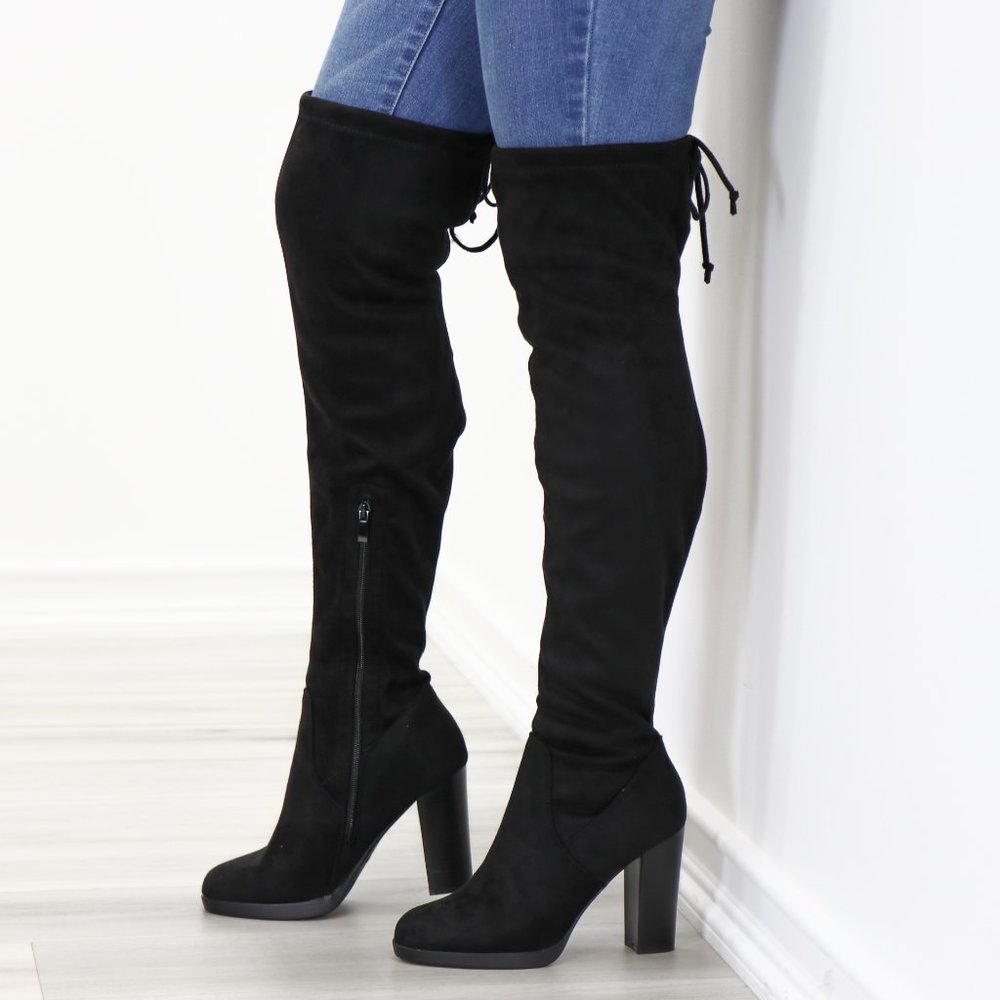 Tie Back Over Knee Heeled Sleek Boots Suede Black - Picture 8 of 15